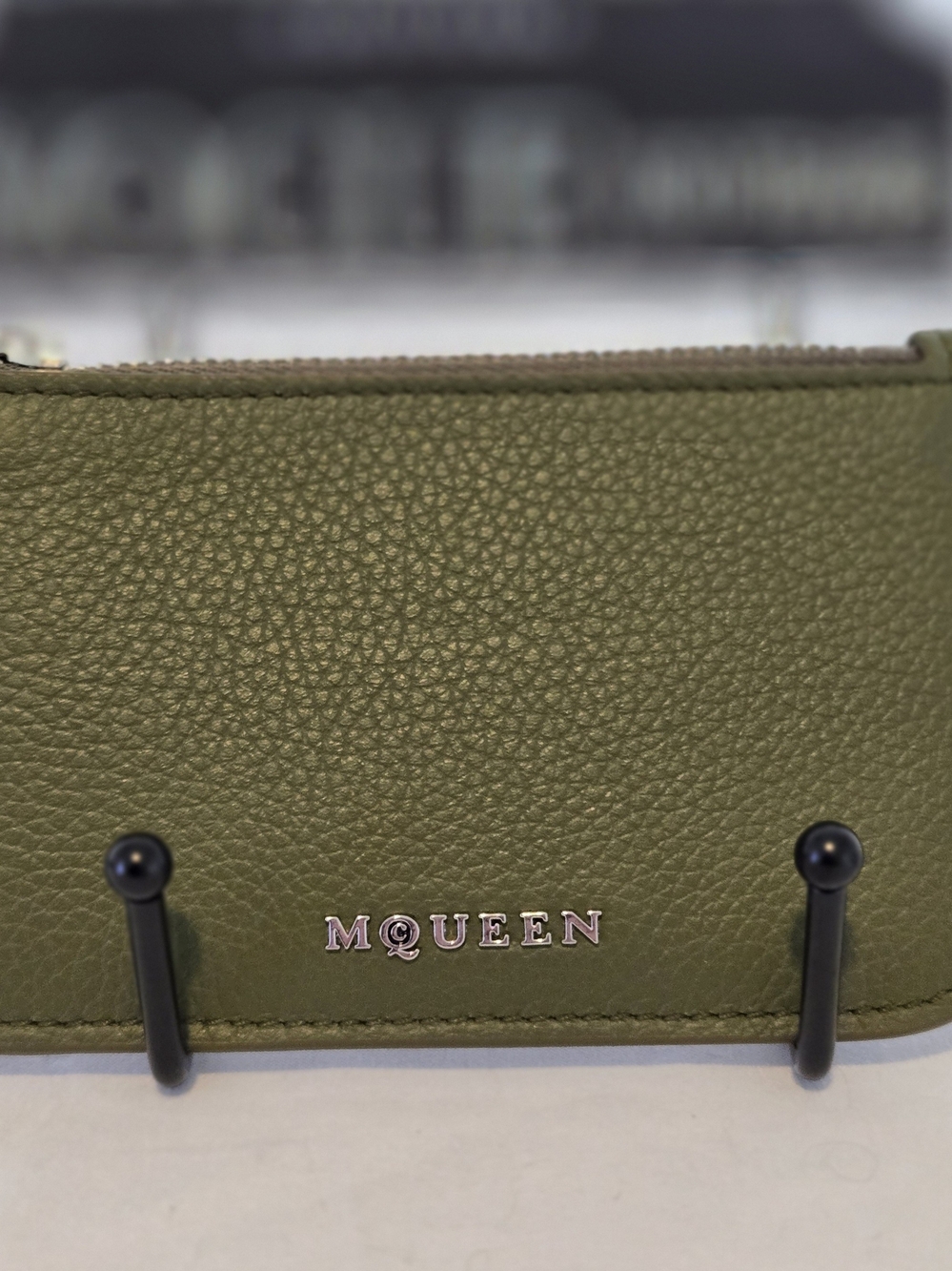 NWT Alexander McQueen Army Green Pebbled Leather Sling Card Holder Wallet